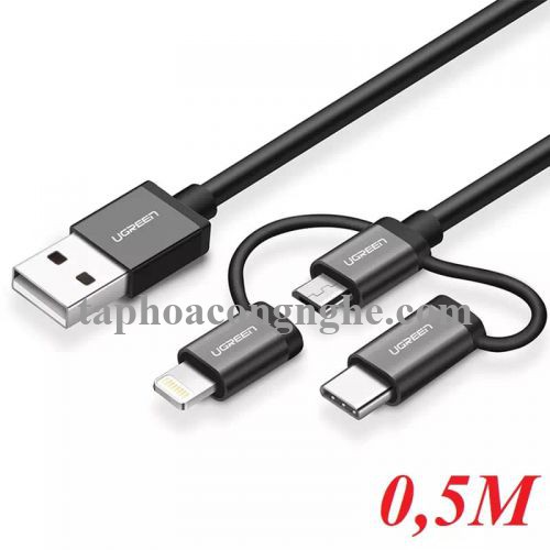 Ugreen 30783 0.5M màu Đen Cáp sạc đa năng USB sang TypeC + Micro + Lightning US186 30030783